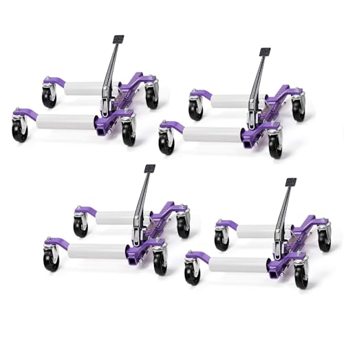 TUFFIOM Car Wheel Dolly Set of 4, Mechanical 6000-lbs Car Dollies, 12'' Wheel Vehicle Positioning Jack, No Assembly, Heavy Duty Rollers w/Ratcheting Foot Pedal, for Tire Auto Repair, Purple - color: Purple-Silver,Set of 4