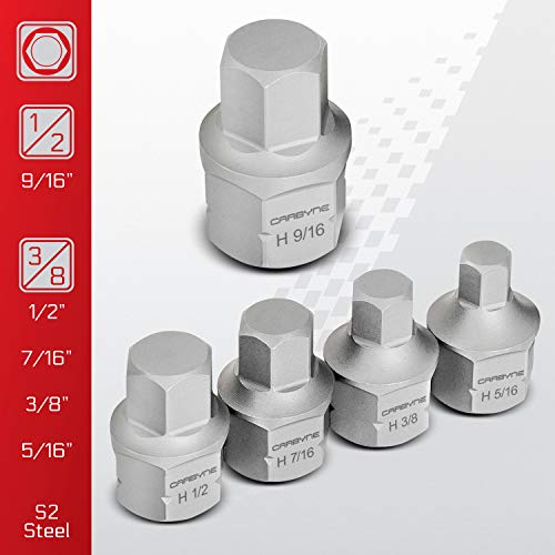 CARBYNE 9-Piece SAE Stubby Low Profile Hex (Allen) Bit Socket Set, 1/8 to 9/16 in., S2 Steel, Super Short Allen Sockets, Dual Drive Internal Square and External Hex for Tight Confined Spaces - size: SAE Hex