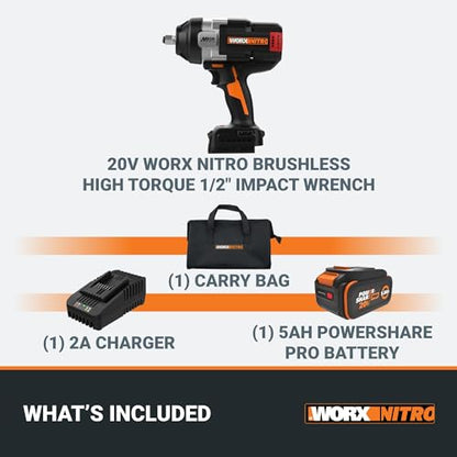 WORX 20V 1/2" Cordless Impact Wrench, WX276L | 1400 FT-LBS Breakaway Force, Brushless Motor, Constant Power System, Auto Stop Mode, Battery & Charger Included - style: 20V Cordless Brushless High Torque Impact Wrench(Battery Pack & Charger & Carry Bag)