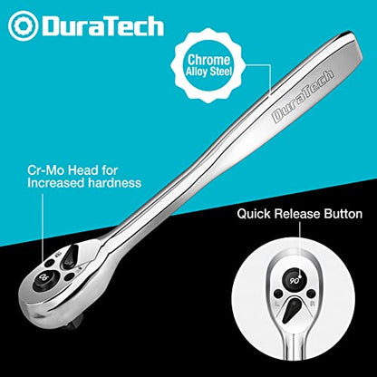 DURATECH 3-Piece Ratchet Set, 1/4", 3/8", 1/2" Drive | 90-Tooth, Quick-release, Contour Handle for Better Grip, Alloy Steel, Organized in Plastic Tray - style: Contour Handle