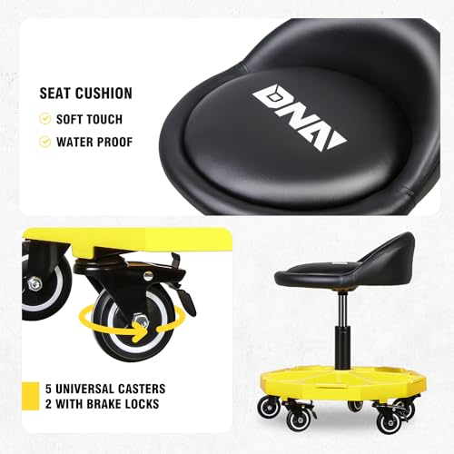 DNA Motoring 350 LBS Rolling Garage Stool, 20.5'' to 25.2'' Adjustable Height Foam-pad Seat, Round Tools Stool, Heavy Duty 3'' Wheels with 2 Brakes, TOOLS-00431 - color: Yellow