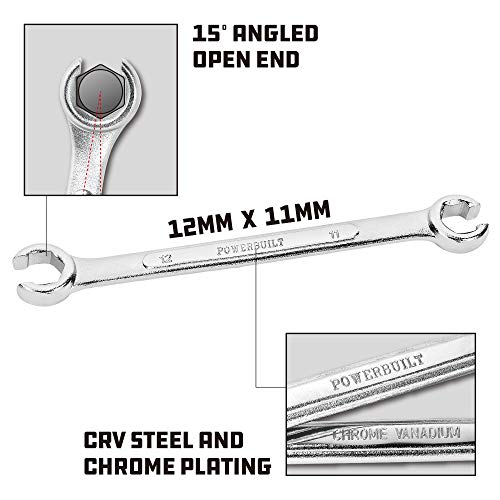 Powerbuilt 11mm x 12mm Metric Flare Nut Wrench, 6 Point Double Open Ends, For hose and brass fittings, For Brake Line Wrench, Chrome-Vanadium made - 644037 - style: 11mm x 12mm