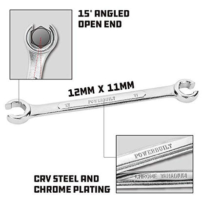 Powerbuilt 11mm x 12mm Metric Flare Nut Wrench, 6 Point Double Open Ends, For hose and brass fittings, For Brake Line Wrench, Chrome-Vanadium made - 644037 - style: 11mm x 12mm