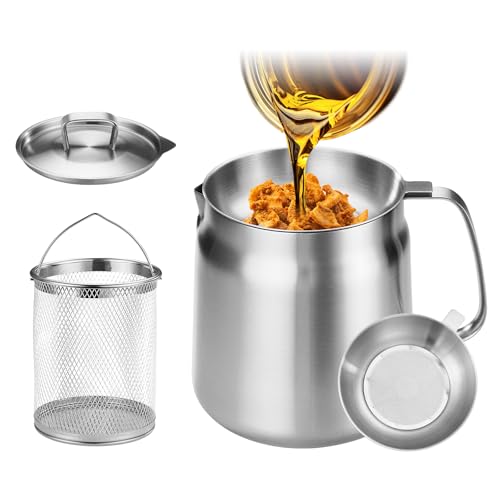 119oz 304 Stainless Steel Deep Fryer Pot with Basket & Strainer, Large Capacity Bacon Grease Container for Kitchen,Frying, Cooking, Camping,Oil Filter Container - Dishwasher Safe (119oz/3.5L/3.7Qt) - size: 3.7 Quarts