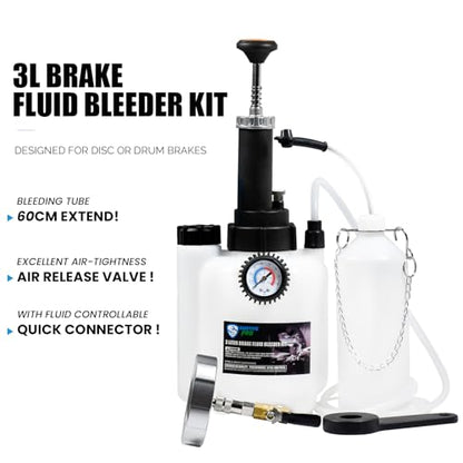 SMOTIVEPRO 3L Manual Brake Bleeder Fluid Pump and 1L Waste Oil Bottle | One Man Professional Brake Bleeder Kit, Compatible with Mitsubishi/Subaru/Volvo S40&V40 - size: 76.8mm Adapter for Subaru/Mitsubishi/Volvo