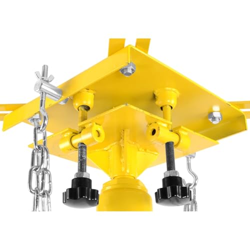 JEGS Transmission Jack | Hydraulic | Adjustable | 1000 LBS Capacity | High-Lift Handle Operated | Adjustable Load Arms | Yellow Steel Frame | 4 Caster Wheel Design | Adjustable Hydraulic Transmission Jack for automotive tools garage applications; steel co