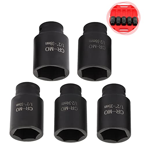 OCPTY 5 Piece 1/2 Inch Drive Deep Impact Axle Hub Socket Set | Fit For Most Cars, 6 Point, 33mm 34mm 35mm 36mm 38mm