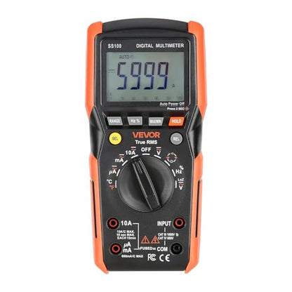 VEVOR Digital Multimeter, 6000-Count TRMS DC/AC Voltmeter Current Tester, Auto-Ranging Multimeter for Current Voltage Resistance Capacitance Temperature Diodes Continuity Low Impedance Measurment
