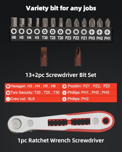 ROTATION 16pc Bit Set with 1/4 Mini Ratchet Offset Right Angle Screwdriver, Reversible Drive Handle, EDC Tool for Tight Spaces Automotive, Electronics & DIY Repair - style: 16pc