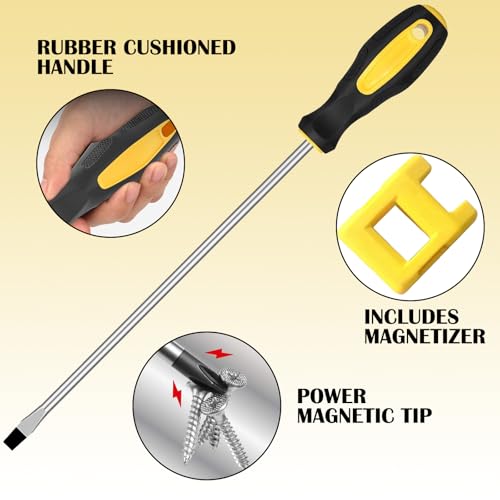 10pcs Long Magnetic Screwdrivers with Ratchet Set, 10" PH2 SL6 | Extra Long Shaft Phillips Slotted, with Magnetizer, Rubber Handle, Chrome Vanadium Steel