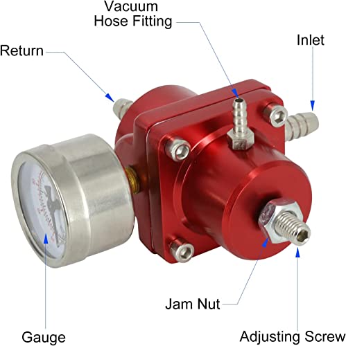 BARTOO Universal Adjustable Fuel Pressure Regulator Kit, Aluminum Fuel Regulator,Adjustable Gas Oil Injection Pressure Regulator with 0-140 PSI Gauge -Red - color: Red