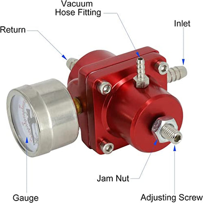 BARTOO Universal Adjustable Fuel Pressure Regulator Kit, Aluminum Fuel Regulator,Adjustable Gas Oil Injection Pressure Regulator with 0-140 PSI Gauge -Red - color: Red