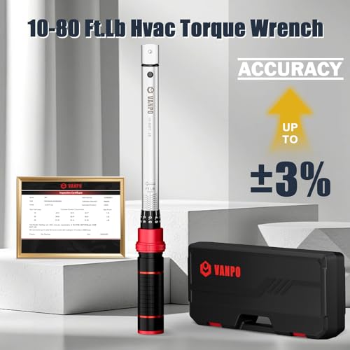 VANPO HVAC Torque Wrench 10–80 Ft-lb, 9×12mm, for Mini Split AC | Adjustable Click Torque Wrench with Open End Heads (17–32mm), ±3% Accuracy, for Refrigeration Flare Nut Installation - size: 9×12mm(10-80 Ft-Lb)