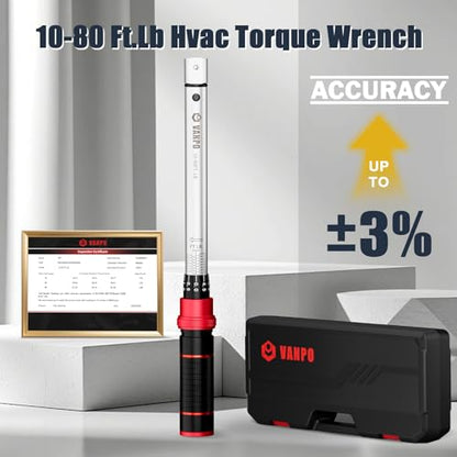 VANPO HVAC Torque Wrench 10–80 Ft-lb, 9×12mm, for Mini Split AC | Adjustable Click Torque Wrench with Open End Heads (17–32mm), ±3% Accuracy, for Refrigeration Flare Nut Installation - size: 9×12mm(10-80 Ft-Lb)