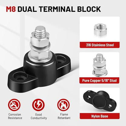 RED WOLF 12V 150A Power Distribution Block 5/16" Single Stud Busbar M8 Terminal Bus Bar 12 Volt DC Battery Junction Post for Auto Boat Marine Solar System Positive and Negative (2PC) - size: Single M8 Stud