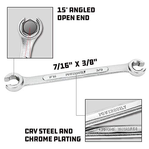 Powerbuilt 3/8-Inch x 7/16-Inch SAE Flare Nut Wrench, 6 Point Double Open Ends, For hose and brass fittings, For Brake Line Wrench, Chrome-Vanadium made - 640085 - style: 3/8-Inch x 7/16-Inch