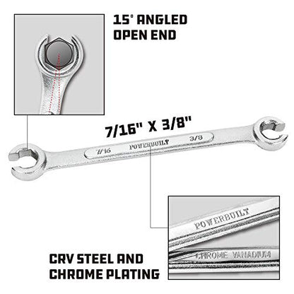Powerbuilt 3/8-Inch x 7/16-Inch SAE Flare Nut Wrench, 6 Point Double Open Ends, For hose and brass fittings, For Brake Line Wrench, Chrome-Vanadium made - 640085 - style: 3/8-Inch x 7/16-Inch