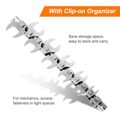 HARFINGTON 11pcs Drive Crowfoot Wrench Set 3/8" Crowfoot Flare Nut Wrench Set 3/8" - 1" Drive Fractional Crowfoot Wrench with Clip-on Organizer for Mechanics Automotive Repair Work