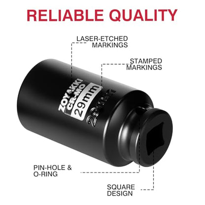 29mm Socket 1/2" Drive Deep 6 Pt CR-MO Metric Impact Socket for Axle Shaft Nut Removal - size: 29mm, style: 1/2" Drive Deep