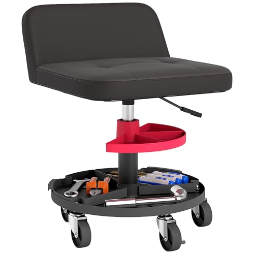 HOMCOM Rolling Mechanic Stool, 300 LBS Capacity Pneumatic Creeper Garage Stool with 360° Wheels, Backrest, Heavy Duty Roller Seat Padded Shop Chair with Tool Tray Storage, Adjustable Height, Black