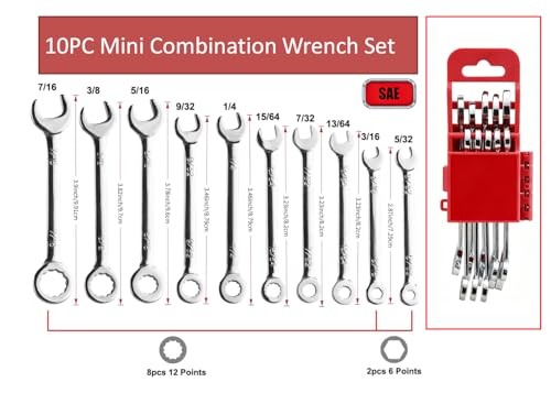 Small Wrench set, 10-Piece Mini Combo Wrench set, Ignition Wrench, Micro&Thin, SAE Size: 5/32", 3/16", 13/64", 7/32", 15/64", 1/4", 9/32", 5/16", 3/8", 7/16", with Unique Wrench Organizer (Red) - size: SAE