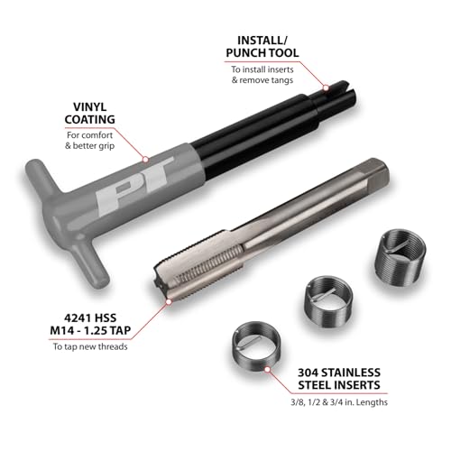 Performance Tool W86904 M14-1.25 Spark Plug Thread Repair Kit | Automotive spark plug rethread kit. Restores threads to original size. Includes HSS tap and stainless inserts - style: Thread Repair Kit M14-1.25