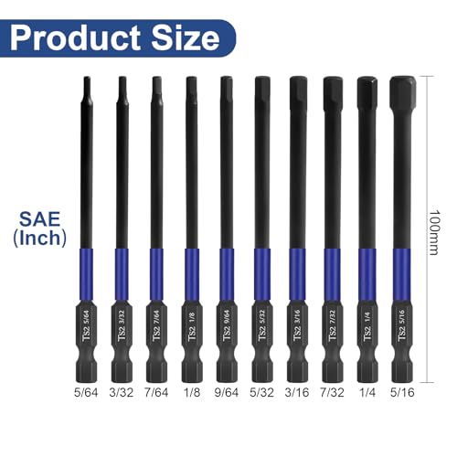 HPHOPE Impact Hex Head Allen Wrench Drill Bit Set 10 Pcs - 4"(SAE) | Premium S2 Steel, CNC Machined Tips wit Magnetism, Storage Box, 1/4" Hex-Shank for Automotive and Home Repairs - size: 100 mm, 10 Pcs, SAE