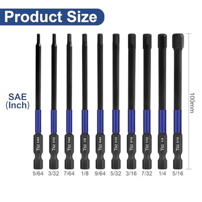 HPHOPE Impact Hex Head Allen Wrench Drill Bit Set 10 Pcs - 4"(SAE) | Premium S2 Steel, CNC Machined Tips wit Magnetism, Storage Box, 1/4" Hex-Shank for Automotive and Home Repairs - size: 100 mm, 10 Pcs, SAE