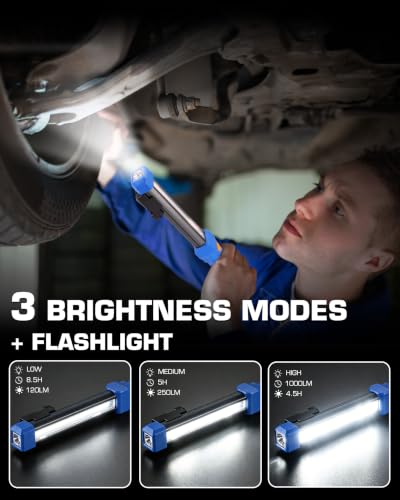 EverBrite 1000LM Magnetic Work Light, Rechargeable LED Mechanic Light with Dual Magnetic Bases & 360° Hanging Hooks, 4 Modes Under Hood Work Light for Car Repair, Garage, Emergency, 1 Pack Blue - color: Blue