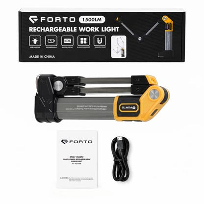 FORTO Rechargeable Magnetic Work Light,LED Flashlight for Mechanics,Aerospace Aluminum Alloy,1500 Lumens,Dual Folding Panels,6 Modes,for Garage,Auto Mechanic,Emergency,Workshop – Great Gift