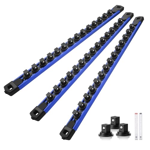 Reniteco Magnetic Socket Organizer Set, 3-Pack 3/8” Socket Rails | 42 Clips, Heavy-Duty Aluminum Alloy Rails, Removable 360° Swivel ABS Clips, Magnetic Base, Tool Box Drawer or Wall Mount - color: Blue, size: 3/8-Inch Drive,3pc