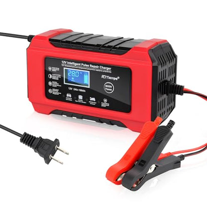 Car Battery Charger-10-Amp 12V and 24V Fully-Automatic Smart Car Battery Charger,Maintainer Trickle Charger for Car Truck Motorcycle Lawn Mower Marine Lead Acid Batteries, Red