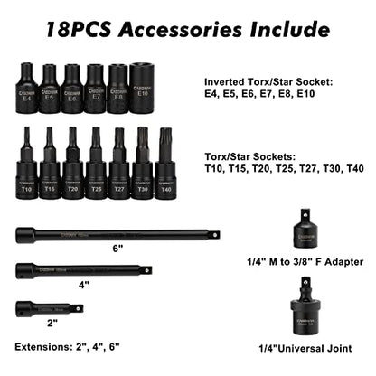 CASOMAN 1/4 Inch Drive Master Impact Socket Set with Adapters, U-Joint, Extensions & Torx Socket, 86-Piece, 6-Point, SAE/Metric, Standard/Deep, CR-V - size: 1/4" Drive