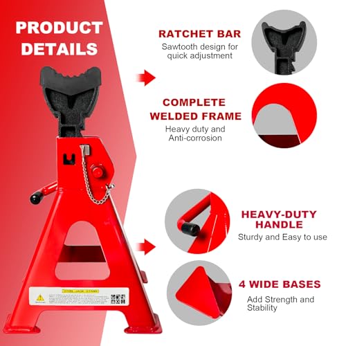 3 Ton Jack Stands (6,600 LBs Capacity) - Heavy Duty Car Jack Stand with Double Pin Locking, 11.22"-16.54" Adjustable Height, Extra Rubber Pads for Trucks, Garage, Vehicle Lifting, 1 Pair Red - color: Red, size: 3 Ton Jack Stands with Rubber Pads