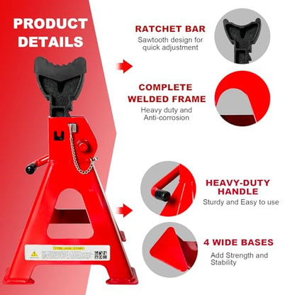 3 Ton Jack Stands (6,600 LBs Capacity) - Heavy Duty Car Jack Stand with Double Pin Locking, 11.22"-16.54" Adjustable Height, Extra Rubber Pads for Trucks, Garage, Vehicle Lifting, 1 Pair Red - color: Red, size: 3 Ton Jack Stands with Rubber Pads