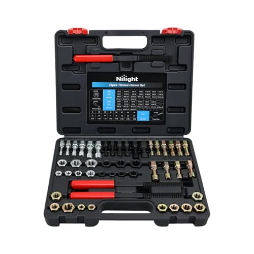 Nilight 49PCS Thread Chaser Set SAE Metric Master Thread Repair Kit with Case 22 Taps 24 Dies 3 Thread Files Universal UNC UNF Sizes Automotive Tool for Mechanics Auto Shops Home Garage Repair - size: 49PCS Metric & SAE
