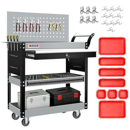 AIRAJ 3-Tier Rolling Tool Cart on Wheel,440LBS Heavy Duty Tool Storage Cart | Metal Rolling Tool Cart with 360° Casters,Lockable Drawer&Pegboard,Industrial Tool Organizer Cart with Trays&Hooks for Garage