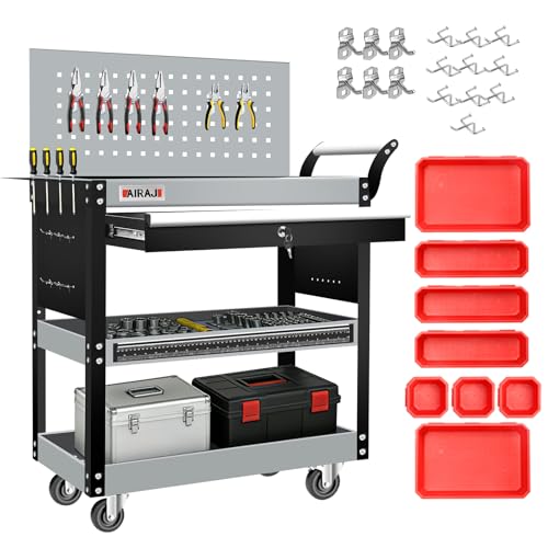 AIRAJ 3-Tier Rolling Tool Cart on Wheel,440LBS Heavy Duty Tool Storage Cart | Metal Rolling Tool Cart with 360° Casters,Lockable Drawer&Pegboard,Industrial Tool Organizer Cart with Trays&Hooks for Garage