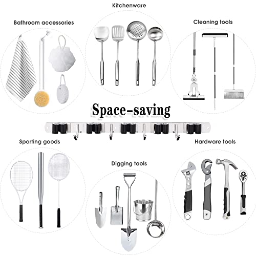 2 Pack Broom Holder Wall Mount, 5 Racks 4 Hooks Mop and Broom Organizer | Mop Holder Wall Mount and Broom Hanger for Garage, Laundry Room, Kitchen and Utility Storage - color: 5 Racks & 4 Hooks (Silver) - 2 Pack