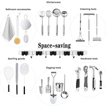 2 Pack Mop and Broom Holder Wall Mount, 5 Racks and 4 Hooks Broom Organizer Storage Tool Racks Stainless Steel Heavy Duty Hooks Self Adhesive Solid Non-slip for Home Kitchen Garden Laundry Garage | Mop Holder Wall Mount and Broom Hanger for Garage, Laundr