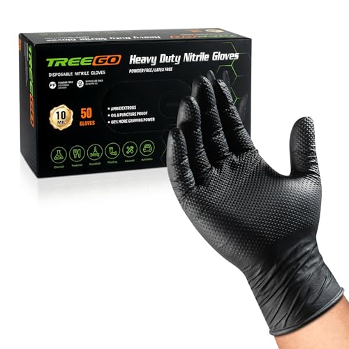 TREEGO 10 Mil Heavy Duty Black Nitrile Mechanic Gloves, 50 Count XL | Diamond Grip, Latex & Powder Free for Heavy Equipment Service, Truck Repair & Industrial Maintenance - color: Black 50, size: X-Large