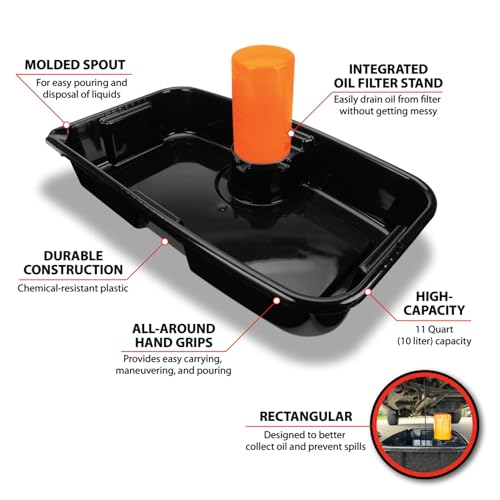 Performance Tool W4079 11-Quart Oil Drain Pan, Chemical-Resistant, Oil Filter Stand, Black - style: 11 Quart Drain Pan