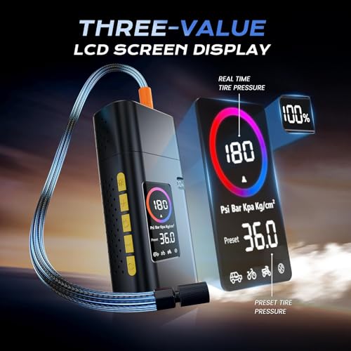 AIPOWAY 180PSI Cordless Tire Inflator for Car, Bike, Motorcycle Tires | 2600mAh Battery, 32L/min Airflow, Digital LCD Gauge, LED Light, Power bank, Auto Shut-off for Road Trips and Camping Gear