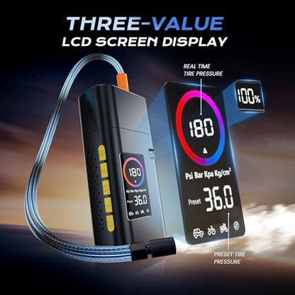 AIPOWAY 180PSI Cordless Tire Inflator for Car, Bike, Motorcycle Tires | 2600mAh Battery, 32L/min Airflow, Digital LCD Gauge, LED Light, Power bank, Auto Shut-off for Road Trips and Camping Gear