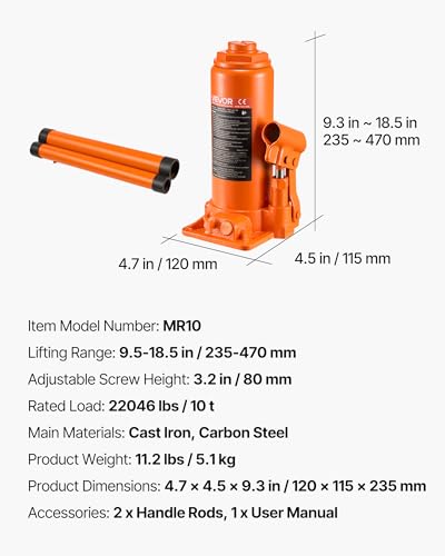 VEVOR Hydraulic Bottle Jack, 10 Ton (22046 lbs) Capacity, 9.3-18.5 Inch Lifting Range, Heavy Duty Welded Bottle Jack for Car, SUV, Pickup, Auto Repair, House Lift and Agricultural Equipment, Orange - size: 10T
