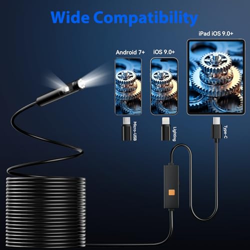 Endoscope Camera with Light, Dual-Lens 1920P HD Borescope Tools with 8+1 Adjustable LED Lights, 32.8FT Semi-Rigid Snake Cord IP67 Waterproof Inspection Camera for iPhone, iPad, iOS and Android Phone - size: 32.8FT, style: Dual Lens