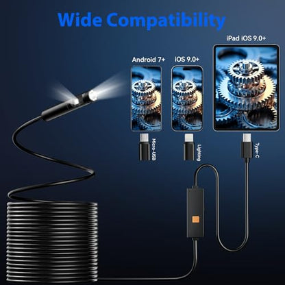 Endoscope Camera with Light, Dual-Lens 1920P HD Borescope Tools with 8+1 Adjustable LED Lights, 32.8FT Semi-Rigid Snake Cord IP67 Waterproof Inspection Camera for iPhone, iPad, iOS and Android Phone - size: 32.8FT, style: Dual Lens