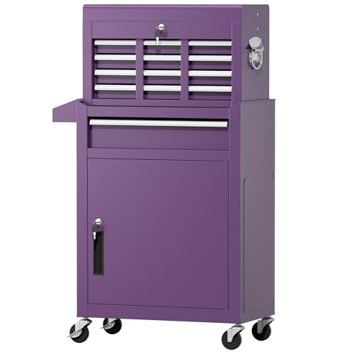 Greenvelly Tool Chest, 5-Drawer Rolling Tool Chest with Hooks and Lockable Wheels,Metal Storage Detachable Top Tool Box with Lockable Wheels for Garage,Workshop,Art Studio(Purple) - color: Purple, size: 5 Drawers