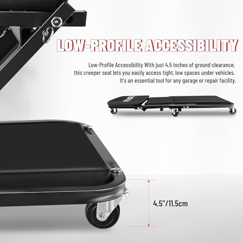 36" Folding Creeper with Tire Kit, Cross Wrench & 5 Boxes, 330 LBS | Steel folding creeper converts to seat. Low 4.5" profile. Folds flat. 6 swivel casters. - color: Black with Tire Kit, Wrench & Storage
