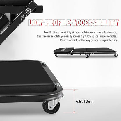 36" Folding Creeper with Tire Kit & 5 Boxes, 330 LBS, 6 Casters | Steel folding creeper converts to seat. Low 4.5" profile. Folds flat. 6 swivel casters. - color: Black with Tire Kit & Storage